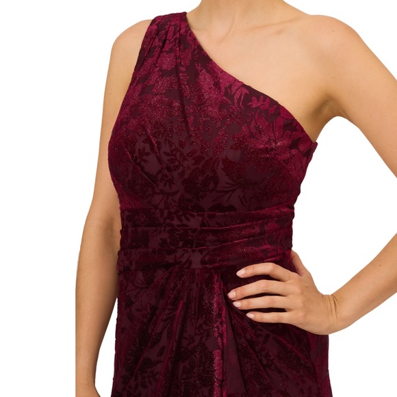 ADRIANNA PAPELL Burgundy One Shoulder Velvet Burnout Gown - Picture 4 of 11